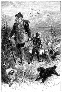 Illustration by Emile Bayard for the novel by Hector Malot “Without Family”: Remi leaves with Monsieur Vitalis, travelling artist and his learned animals the three dogs Capi, Zerbino and Dolce - Edition Hetzel 1880