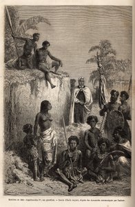 Kamehameha I, king of the Hawaiian Islands and founder of their unity, surrounded by Hawaiian warriors and some subjects in Honolulu, engraving after the drawing of Emile Bayard, illustrating the voyage to the Sandwich Islands, in 1855-69, by C by Emile Antoine Bayard