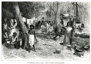 Les blanchisseuses au Chorillo, Panama, engraving after a drawing by E.Bayard, to illustrate the story Exploration at the isthmus of Panama and Darien, by A. Reclus, lieutenant of ship, from 1876 to 1878, published in the tour du monde, under the direction