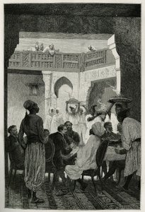 Lunch at the Minister of War, Headdress of a Turban, Facing the Author of the Story, Arriving by the Court, a Row of Servants Carrying the Dishes of the Meal, Engraving by Emile Bayard, to Illustrate the Story of Morocco by Edmondo de Amicis, in 1875, Publ by Emile Antoine Bayard