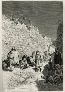 Pending the audience of the sultan, a group of people in the streets of Fes (Engraving by Emile Bayard) by Emile Antoine Bayard