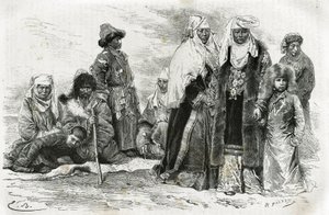 Poor and rich Kyrgyz women. Engraving by Emile Bayard, to illustrate travel impressions from Orenburg to Samarkand, by Marie de Ujfalvy-Bourdon, between 1876 and 1878, in the Tour du monde, directed by Edouard Charton