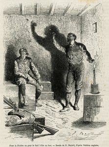 Sir Henri Morton Stanley (1841-1904) and Franck Pock, his exploration companion, decide a pile or face of the itinerary of their journey, drawing by Emile Bayard, to illustrate the story Through the Mysterious Continent (Equatorial Africa), a voyage by Emile Antoine Bayard
