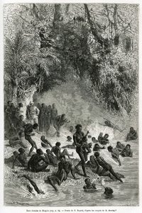 Sir Henri Morton Stanley (1841-1904) in the midst of the bathers of the Karagoue region (Cameroon), who plunge into the hot and medical water basin of the Mtagata gorge, drawing by Emile Bayard, to illustrate the story Through the Mysterious Continent, a by Emile Antoine Bayard