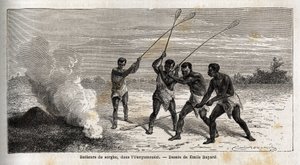 Sorghum drummers in the Ounyamouezi (Drawing by Emile Bayard) by Emile Antoine Bayard