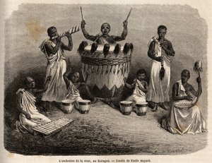 The court orchestra, in the Karague (west of Lake Victoria, present-day Zimbabwe), drawing by Emile Bayard, illustrating Captain Speke