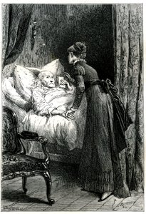 Young woman taking care of an old man dying in his bed under a crucifix hanging from the wall. The dying man holds his last recommendations (will) by hand. Engraving illustrating Jules Sandeau