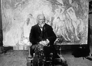 Paul Cezanne in 1904 in Front of One of His Canvases Showing Swimmers
