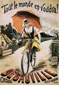 Vintage Poster of Woman Riding Bicycle Holding Red Umbrella by Emile Clouet