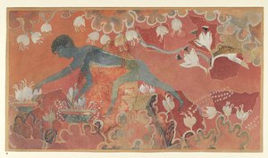 Painting of the Blue Monkey Saffron Gatherer fresco from the Palace of Minos at Knossos, circa 1921