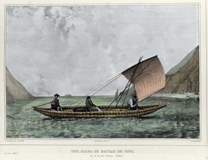 A Balsa or a reed boat on Lake Titicaca (Bolivia). Lithograph by Emile Lassalle (1813-1871) - in “Voyage dans l