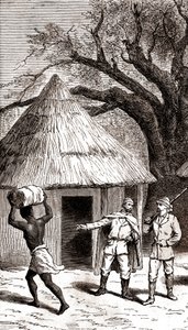 Explorers and Porters in Front of an African Hut, 1887 by Emile Mas