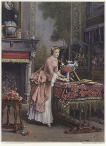 A woman placing a vase of flowers on a table by Emile Pierre Metzmacher
