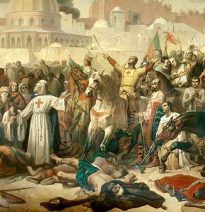 (detail) First Crusade: The Capture of Jerusalem by the Crossings on 15/07/1099. Godefroy de Bouillon Giving Grace to God in the Presence of Peter the Hermit by Emile Signol