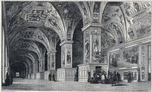 Internal view of the Vatican library in the 18th century. Engraving by Therond from a drawing by Francois Pannini