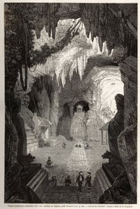 Underground Buddhist temple in marble rocks near Tourane, drawing by Therond, to illustrate the notes of a unique correspondence with Cochinchine. Engraving in Le tour du monde, nouveau journal des voyages Paris by Emile Theodore Therond