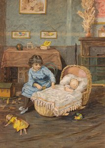 Girl watching over a baby in a crib by Emily Jane Harding Andrews