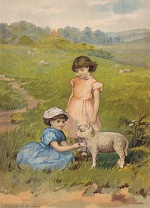 Two girls petting a lamb by Emily Jane Harding Andrews