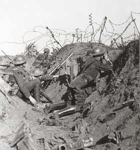 Awaiting the great Hun attack, observation officer and signallers at St Quentin keep a sharp look out