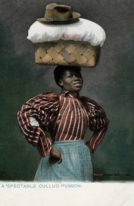 Black girl with a basket of linen, topped by a hat, on her head by English Photographer