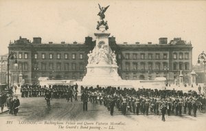Buckingham Palace and Queen Victoria Memorial; The Guards Band passing