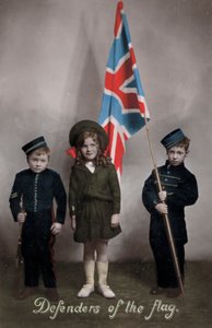 Defenders of the Flag, three children in uniform with the Union Jack
