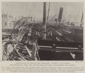 Destruction by Fire of the Steam-Ship Fushun at Canton, the Wreckage, from the Engine-Room Skylight, overlooking the Saloon