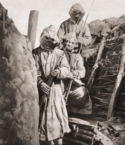 French Infantrymen During WWI Wearing Respirators to Protect Them Against German Poison Gas, from The Illustrated War News, 1915