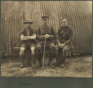Group of three soldiers outside a Nissan hut, c.1914-18 by English Photographer