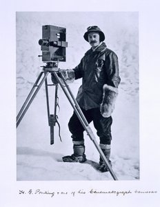 Herbert Ponting with a cinematographic camera on the Terra Nova expedition to the South Pole lead by Captain Scott, 1910-12 by English Photographer