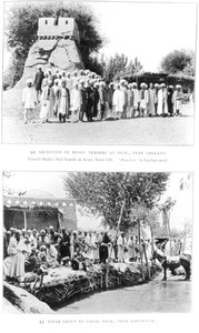 Hindu traders at Bigil, near Yarkand and a group at a bazaar near Kharghalik, from Ruins of Desert Cathay by Sir Aurel Stein
