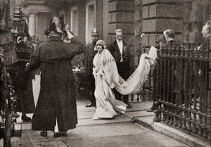 Lady Elizabeth Bowes Lyon on her way to her wedding on April 26, 1923, to H.R.H. The Duke of York, later King George VI, from The Story of Twenty Five Years, published 1935