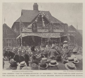 Lord Roberts Visit to Pietermaritzburg on 4 December, the Commander-in-Chief leaving the Platform to inspect the Troops and Indian Bearers, drawn up opposite the Station