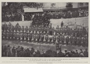 Reception at Kingston-on-Thames of the Service Corps of the 2nd East Surrey Volunteers returned from South Africa, the Mayor welcoming the Men at the Coronation Stone by English Photographer