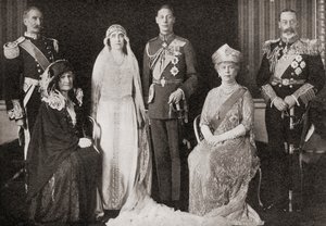 The British Royal Family at the wedding of The Duke and Duchess of York, 1923, from The Story of Twenty Five Years, published 1935 by English Photographer