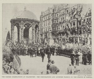 The Goethe Celebrations at Frankfurt, the Corporations and Societies passing by the Statue of Goethe by English Photographer