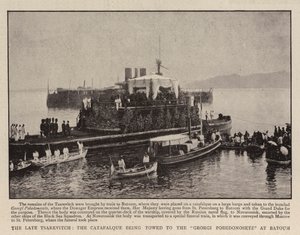 The Late Tsarevitch, the Catafalque being towed to the Georgi Pobedonosetz at Batoum by English Photographer