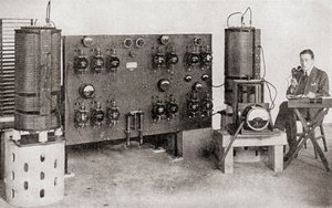 The first broadcast transmitter operated in Great Britain, installed at the Marconi Works, Chelmsford, in 1919 and 1920, from The Story of Twenty Five Years, published 1935