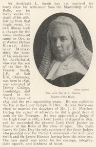 The late Sir A L Smith, Master of the Rolls
