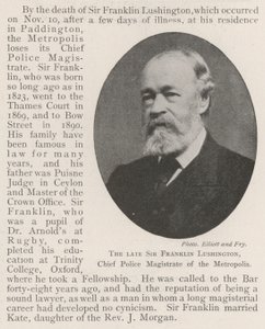 The late Sir Franklin Lushington, Chief Police Magistrate of the Metropolis by English Photographer