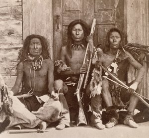 Three Indian Braves, photographed by the Royal Engineers on the Forty-Ninth Parallel by English Photographer