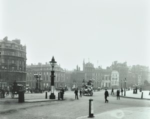 Trafalgar Square, Westminster: Trafalgar Square looking east to Charing Cross, 1896 by English Photographer