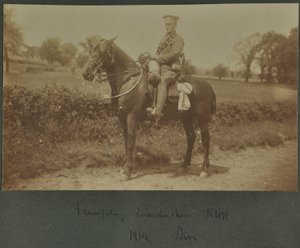 Trumpeter of the Leicestershire Royal Horse Artillery at a training camp at Diss, 1914 by English Photographer