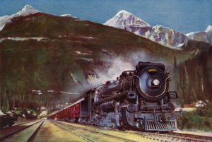 2-10-4 steam locomotive of the Canadian Pacific Railway at the foot of the Rocky Mountains, Canada by English School