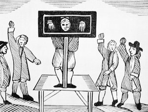 A Guilty Man in the Village Pillory, copy of a 16th century illustration, from a collection of chapbooks on esoterica