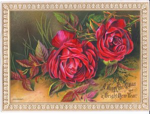 Victorian Christmas and New Year Card with Two Large Red Roses by English School