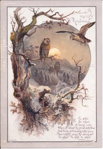 Victorian Christmas Card of an Owl Perched on a Branch on a Moonlit Night, c.1880