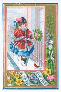 Victorian New Year Card of a Girl Dressed in a Fur Lined Cape Holding a Bouquet of Flowers Walking in the Snow, c.1880