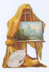 A Victorian Die-Cut Shape Card of a Painting on an Artist Easel with a Drape on It, c.1880