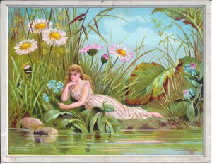 Victorian Greeting Card of a Fairy Reclining by a Stream with Grasses and Daisies
